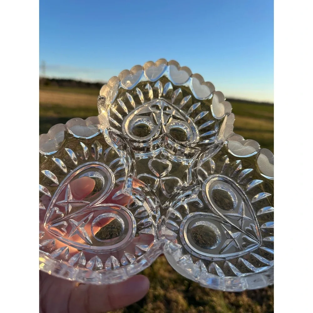 VTG Clear Glass Heart Shaped Candy Dish‎ Serving Tray 3 Compartment Trinket Bowl